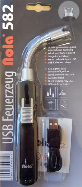 Lichtbogenfeuerzeug, schwarz in Blisterverpackung, Flexibler Torch, NOLA 582
